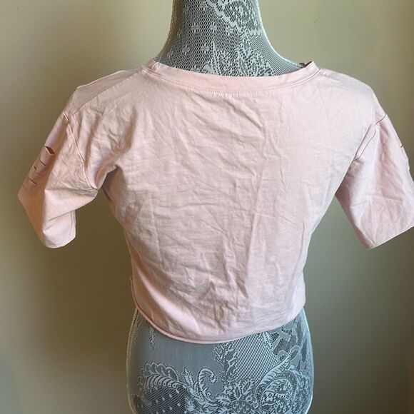 Pink Crewneck Rock On Graphic Destroyed Crop Tee Size Small - Picture 5 of 5